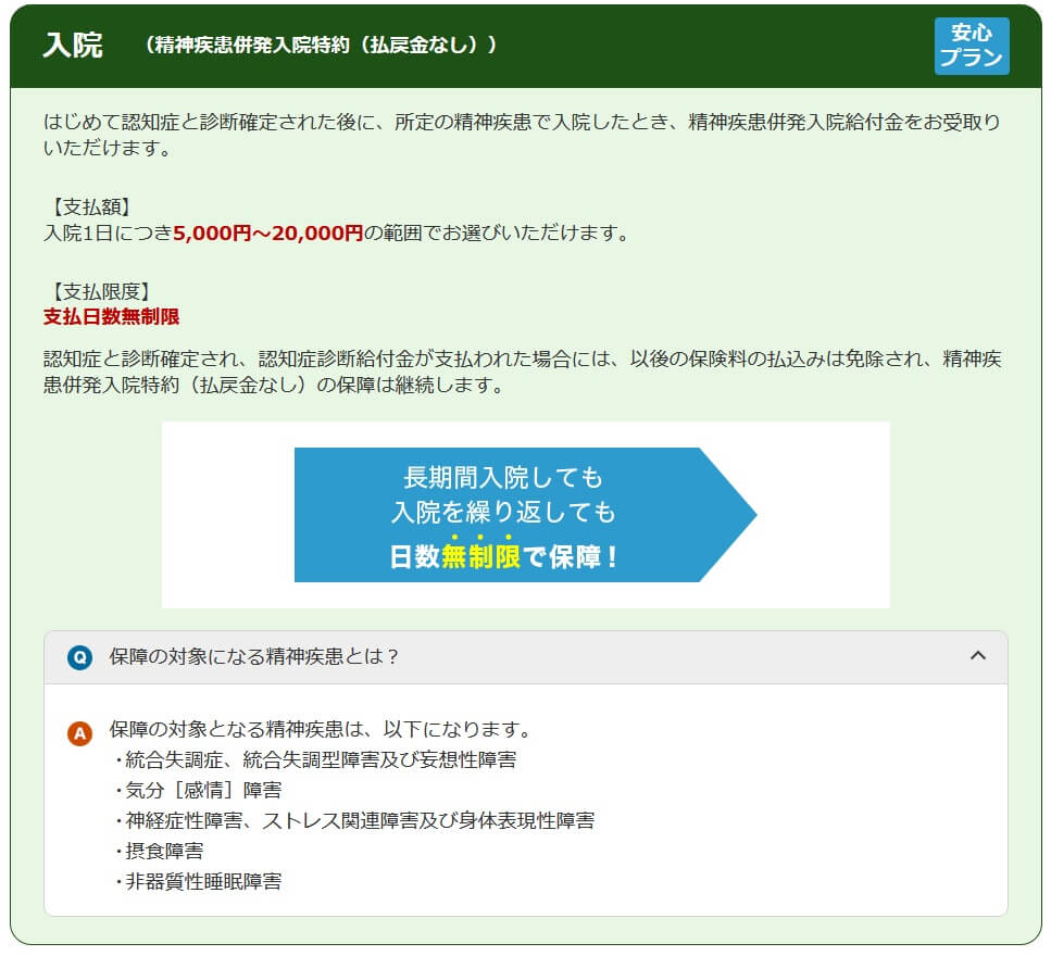 楽天生命認知症保険の精神疾患併発入院特約の保障内容(出典:楽天生命公式HP「認知症保険」)