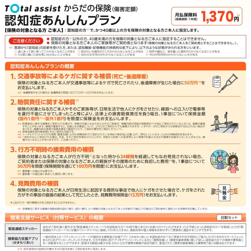 認知症あんしんプランの補償内容(東京海上日動公式HP「認知症あんしんプラン」)