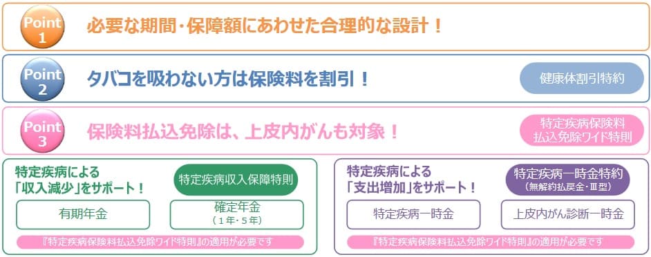 家計にやさしい収入保障の特徴(出典:T&Dフィナンシャル生命 商品概要書「家計にやさしい収入保障」2021年4月版)