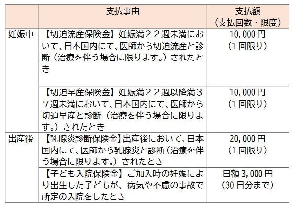ママとこどもの1000daysほけんの保障内容(出典:母子特定疾病保障保険(ママとこどもの1000daysほけん)重要事項説明書2024年版)